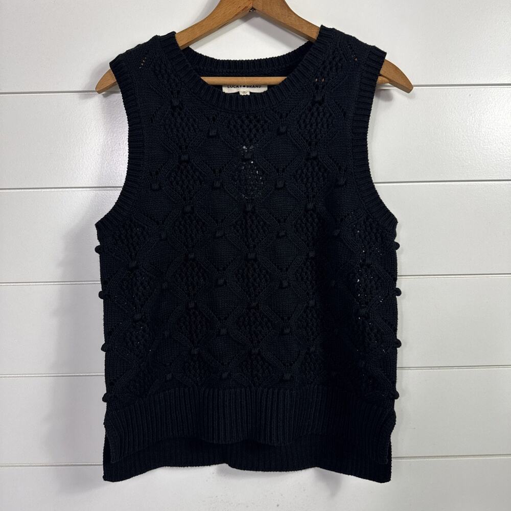 Lucky Brand Crewneck Sweater Vest Sleeveless Pointelle Black sz M